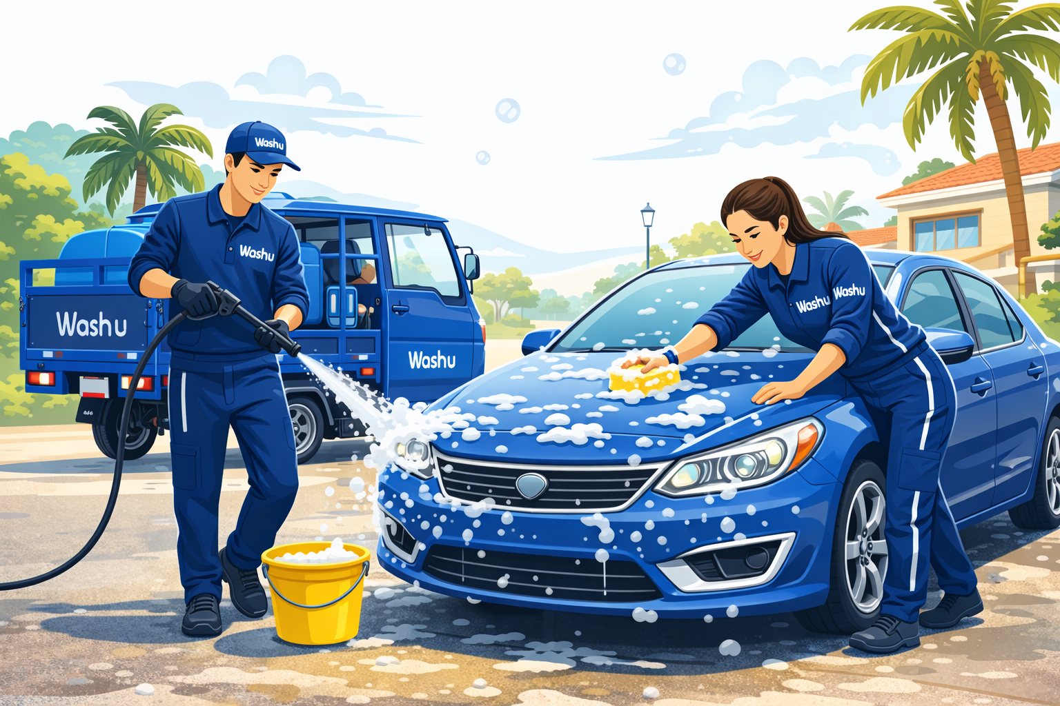 Equipo Washu lavando un vehículo